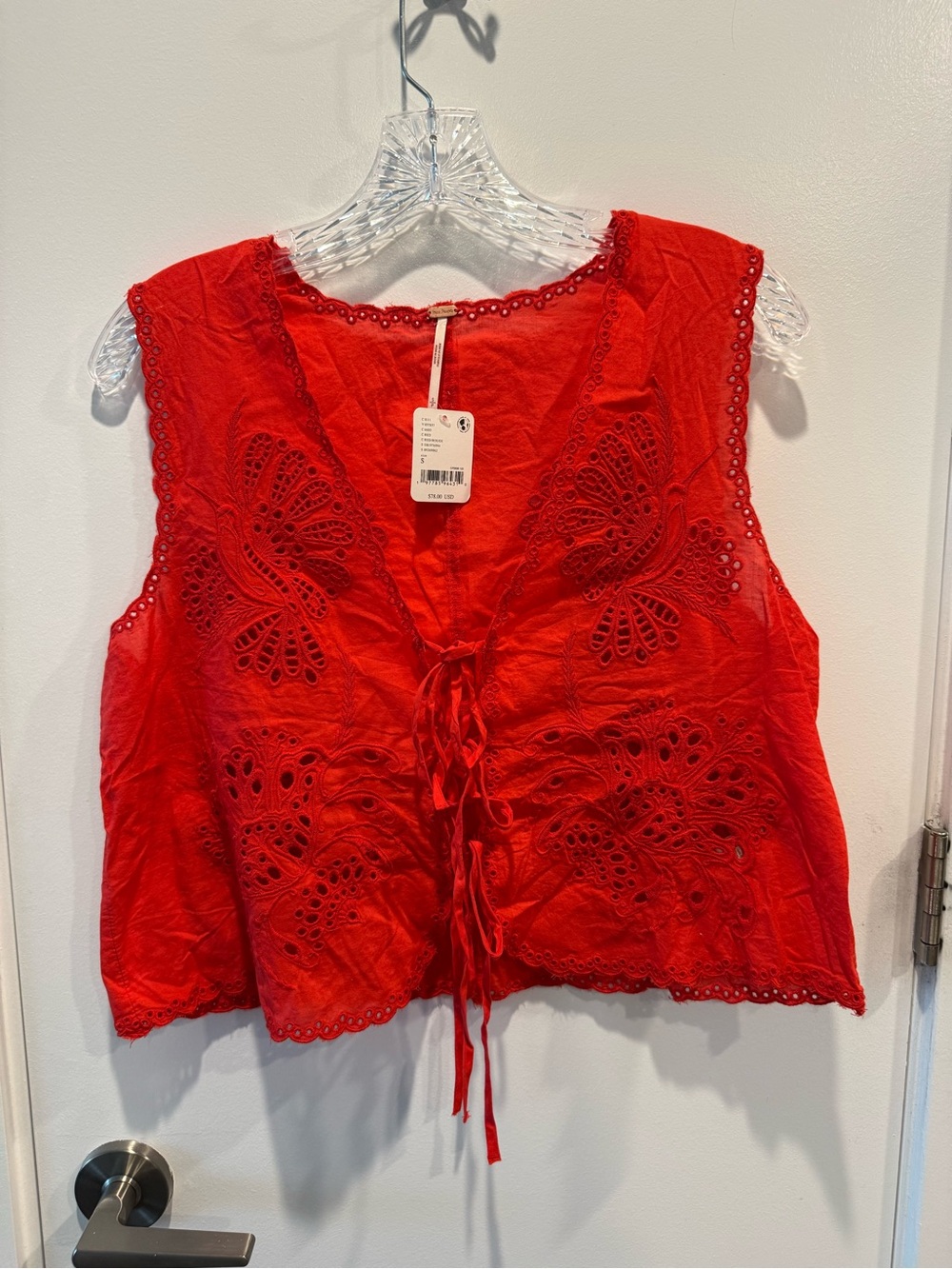 Free People Red Eyelet Tie-Front Crop Top